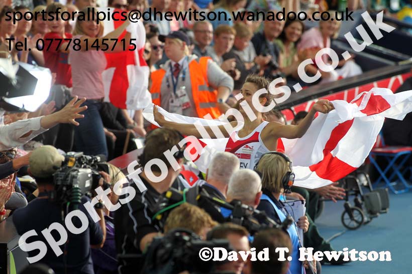 Isobel Pooley (England) celebrates after winning a silver in the high jump at the Commonwealth Games, Glasgow. Photo: David T. Hewitson/Sports for All Pics